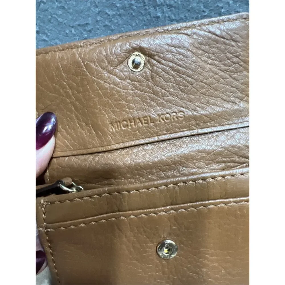 Michael Kors Fulton Small Pebbled Leather Keychain Wallet Brown ID Case & Coin